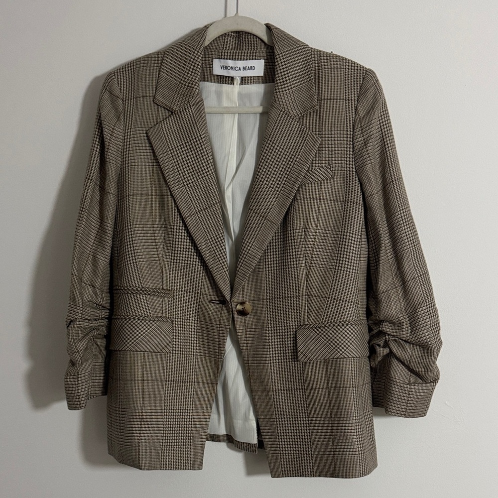 Veronica Beard Checkered Dickey Jacket in Brown/Tan- shoulder pads removed